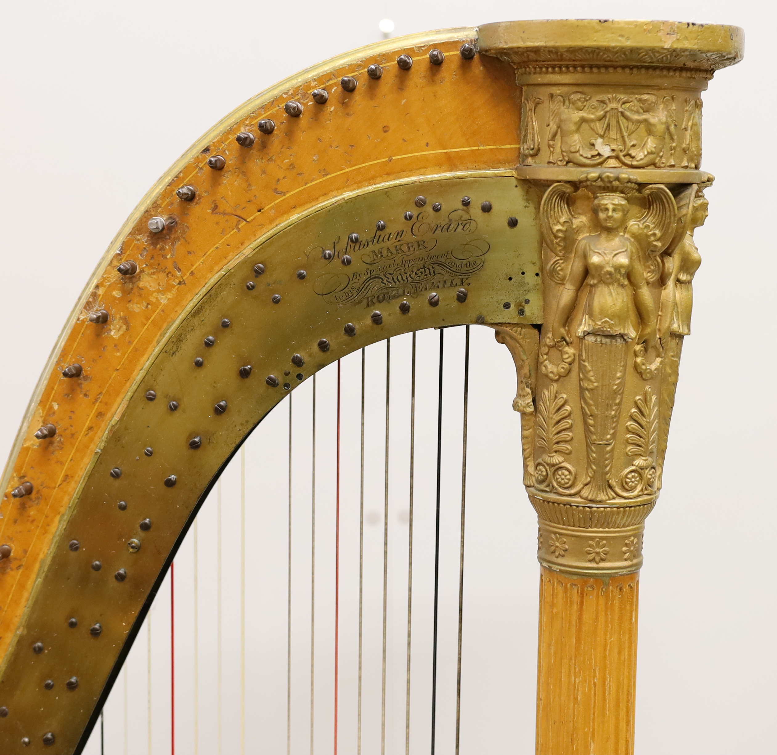 A seven pedal harp by Sebastian Erard, 18 Great Marlborough St. London, Patent N4164, cedar soundboard, fluted pillar with gilt Classical style capital, 170.5cm high